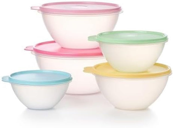 Tupperware 5 SHEER WONDERLIER NESTING BOWLS w/ VINTAGE COLOR SEALS NEW