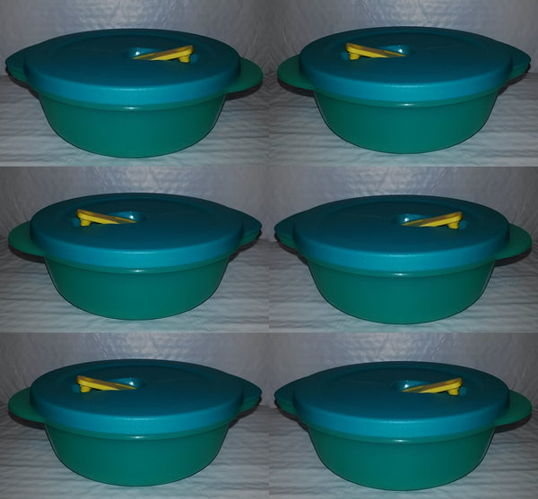 TUPPERWARE CRYSTALWAVE 6 MICROWAVE CONTAINERS 2.5-C ROUND REHEATING BOWLS PARROT/TURKISH TEAL w/ YELLOW VENTED SEALS - Plastic Glass and Wax ~ PGW