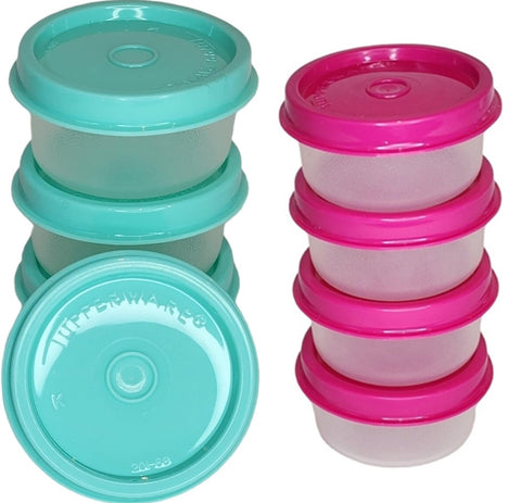 TUPPERWARE 8 TUPPER SMIDGET PILL KEEPER 1-OZ SMIDGETS SHEER BASE AQUA & PINK SEALS