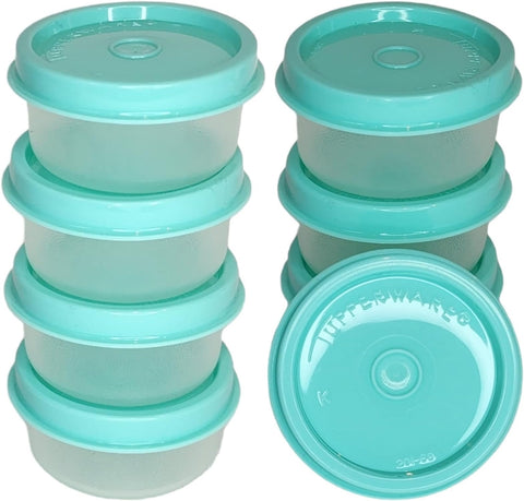 TUPPERWARE 8 TUPPER SMIDGET PILL KEEPER 1-OZ SMIDGETS SHEER BASE AQUA SEALS