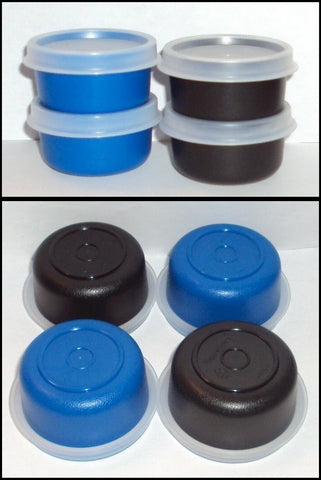 TUPPERWARE 8 TUPPER SMIDGET PILL KEEPER 1-OZ SMIDGETS 4 BLUE & 4 BLACK BASE & 8 SHEER SEALS
