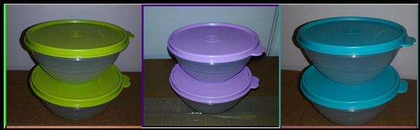 TUPPERWARE 3 Mini 2-cup Wonderlier Nesting Mixing Bowls Salsa Verde Tropical Purple Seals - Plastic Glass and Wax ~ PGW