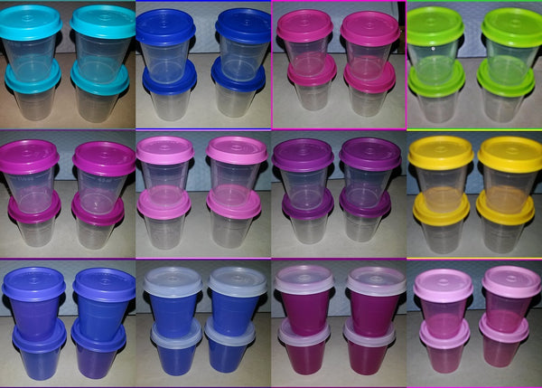 TUPPERWARE 5 TUPPER MINI 2-oz MIDGETS SALSA w/ PARROT TEAL SEALS NEW - Plastic Glass and Wax ~ PGW