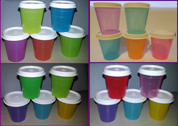 TUPPERWARE 5 TUPPER MINI 2-oz MIDGETS SALSA w/ PARROT TEAL SEALS NEW - Plastic Glass and Wax ~ PGW
