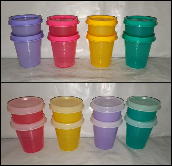 TUPPERWARE 5 TUPPER MINI 2-oz MIDGETS SALSA w/ PARROT TEAL SEALS NEW - Plastic Glass and Wax ~ PGW