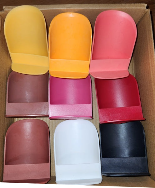 Tupperware 2 COLORED NOVELTY GADGET ROUND ROCKER CANISTER SCOOPS - Plastic Glass and Wax ~ PGW
