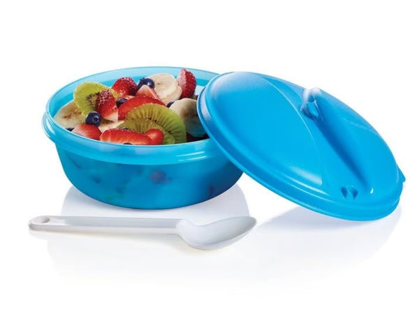 Tupperware Bite On The Go Lunch COOL AQUA BLUE Microwave Set w/ WHITE Spoon NEW - Plastic Glass and Wax ~ PGW