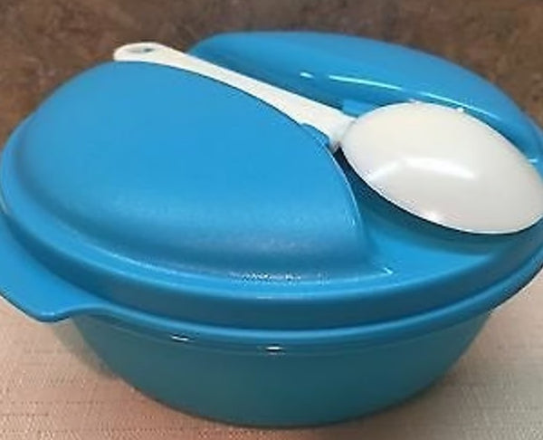 Tupperware Bite On The Go Lunch COOL AQUA BLUE Microwave Set w/ WHITE Spoon NEW - Plastic Glass and Wax ~ PGW