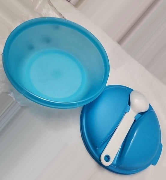 Tupperware Bite On The Go Lunch COOL AQUA BLUE Microwave Set w/ WHITE Spoon NEW - Plastic Glass and Wax ~ PGW