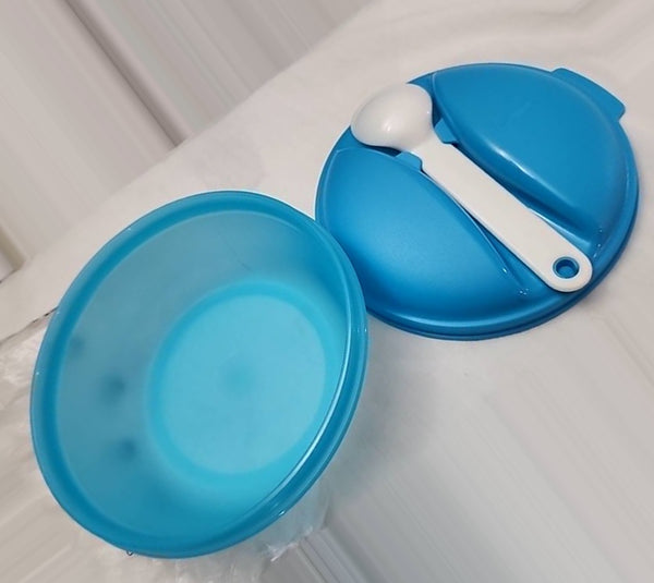 Tupperware Bite On The Go Lunch COOL AQUA BLUE Microwave Set w/ WHITE Spoon NEW - Plastic Glass and Wax ~ PGW
