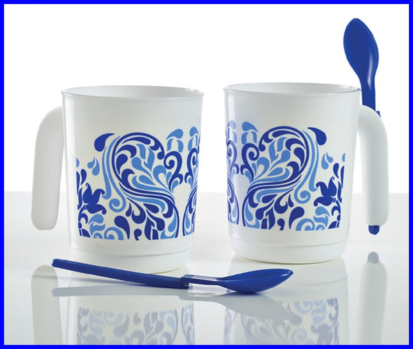 Tupperware S/2 AMORE LOVE THEME WHITE & PINK HOT & COLD MUGS w/ SPOONS NEW