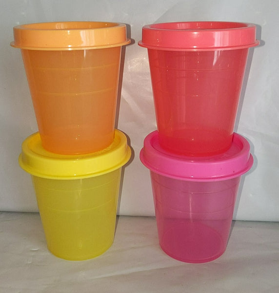 TUPPERWARE 5 TUPPER MINI 2-oz MIDGETS SALSA w/ PARROT TEAL SEALS NEW - Plastic Glass and Wax ~ PGW