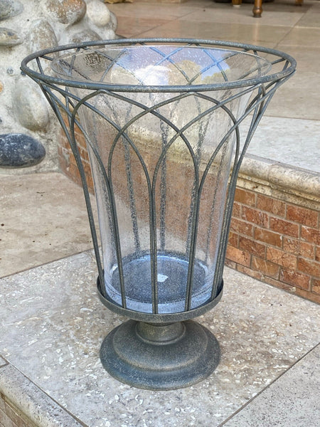 PARTYLITE GARDEN SANCTUARY GLASS & WIRE HURRICANE CANDLE HOLDER w/ SAND & YANKEE SILVER TEALIGHT TREE