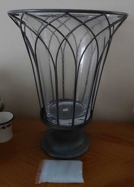 PARTYLITE GARDEN SANCTUARY GLASS & WIRE HURRICANE CANDLE HOLDER w/ SAND & YANKEE SILVER TEALIGHT TREE