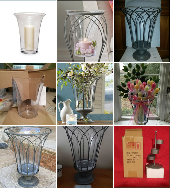 PARTYLITE GARDEN SANCTUARY GLASS & WIRE HURRICANE CANDLE HOLDER w/ SAND & YANKEE SILVER TEALIGHT TREE