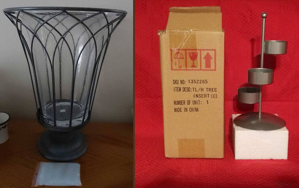 PARTYLITE GARDEN SANCTUARY GLASS & WIRE HURRICANE CANDLE HOLDER w/ SAND & YANKEE SILVER TEALIGHT TREE