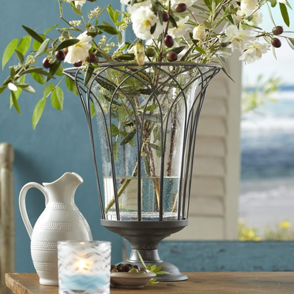 PARTYLITE GARDEN SANCTUARY GLASS & WIRE HURRICANE CANDLE HOLDER w/ SAND & YANKEE SILVER TEALIGHT TREE