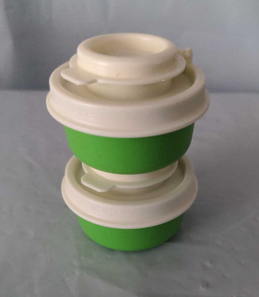 TUPPERWARE TUPPER MINI SMIDGET SALT & PEPPER SHAKER SET LIME GREEN w/ SUGAR FLIP TOP SHAKERS