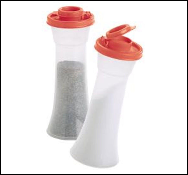 TUPPERWARE IMPRESSIONS TALL HOURGLASS SALT & PEPPER SHAKER SET SHEER w/ SEA GREEN SEALS - Plastic Glass and Wax ~ PGW