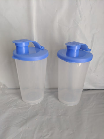 TUPPERWARE 2 12-oz STRAIGHT SIDED SHEER TUMBLERS w/ BLUE FLIP TOP SPOUT SEALS