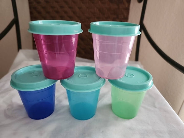 TUPPERWARE 5 TUPPER MINI 2-oz MIDGETS SALSA w/ PARROT TEAL SEALS NEW - Plastic Glass and Wax ~ PGW