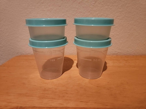 TUPPERWARE 5 TUPPER MINI 2-oz MIDGETS SALSA w/ PARROT TEAL SEALS NEW - Plastic Glass and Wax ~ PGW
