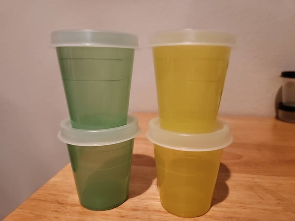 TUPPERWARE 5 TUPPER MINI 2-oz MIDGETS SALSA w/ PARROT TEAL SEALS NEW - Plastic Glass and Wax ~ PGW