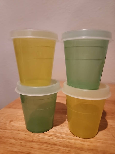 TUPPERWARE 5 TUPPER MINI 2-oz MIDGETS SALSA w/ PARROT TEAL SEALS NEW - Plastic Glass and Wax ~ PGW