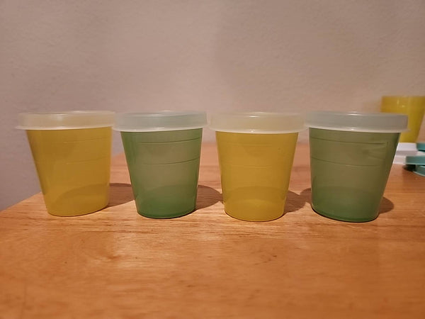 TUPPERWARE 5 TUPPER MINI 2-oz MIDGETS SALSA w/ PARROT TEAL SEALS NEW - Plastic Glass and Wax ~ PGW