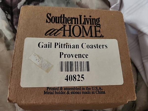 SOUTHERN LIVING AT HOME GAIL PITTMAN PROVENCE ~ 4 ROUND COASTERS in IRON STAND