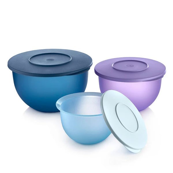 TUPPERWARE 3 IMPRESSIONS BOWLS 18-c Blue ~ 10-c Lilac ~ 5.5-c Lt Blue - Plastic Glass and Wax ~ PGW