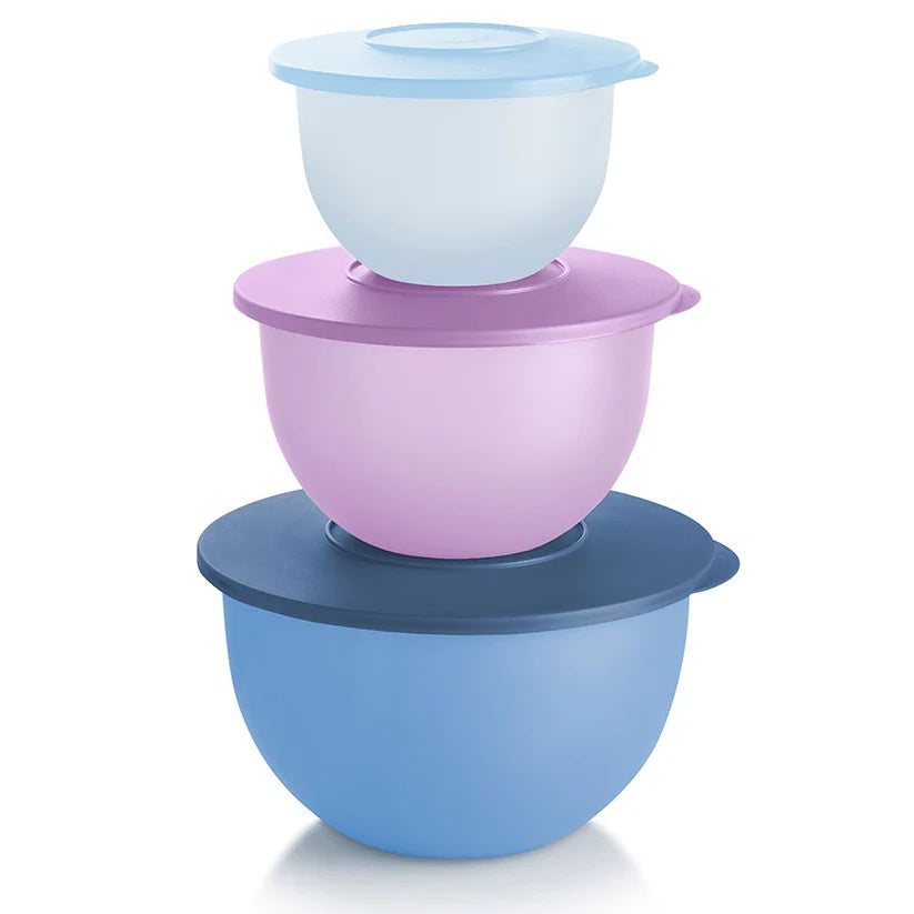 TUPPERWARE 3 IMPRESSIONS BOWLS 18-c Red ~ 10-c Teal ~ 5.5-c Blue