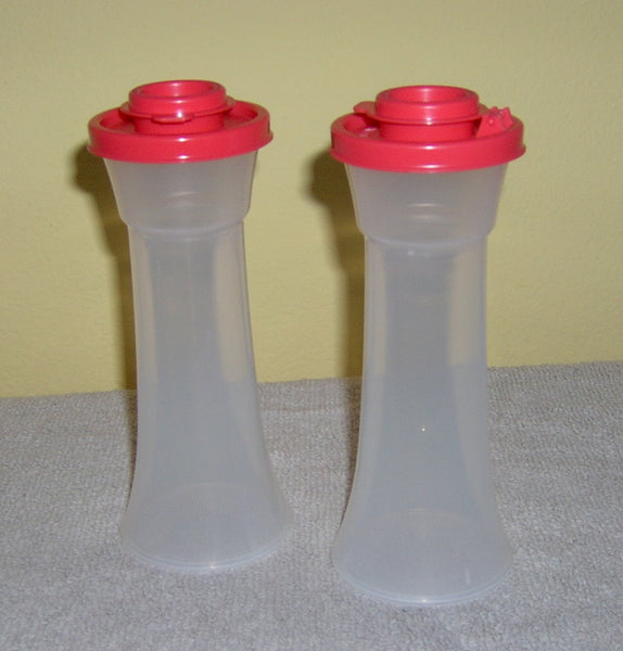 TUPPERWARE IMPRESSIONS TALL HOURGLASS SALT & PEPPER SHAKER SET SHEER w/ SEA GREEN SEALS - Plastic Glass and Wax ~ PGW