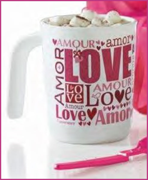 Tupperware S/2 AMORE LOVE THEME WHITE & PINK HOT & COLD MUGS w/ SPOONS NEW
