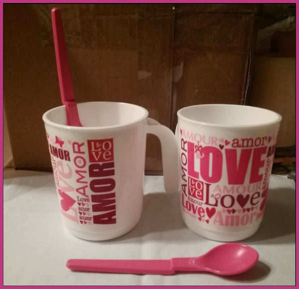 Tupperware S/2 AMORE LOVE THEME WHITE & PINK HOT & COLD MUGS w/ SPOONS NEW
