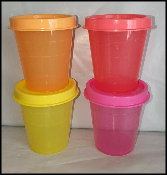 TUPPERWARE 5 TUPPER MINI 2-oz MIDGETS SALSA w/ PARROT TEAL SEALS NEW - Plastic Glass and Wax ~ PGW