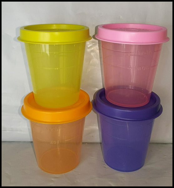 TUPPERWARE 5 TUPPER MINI 2-oz MIDGETS SALSA w/ PARROT TEAL SEALS NEW - Plastic Glass and Wax ~ PGW