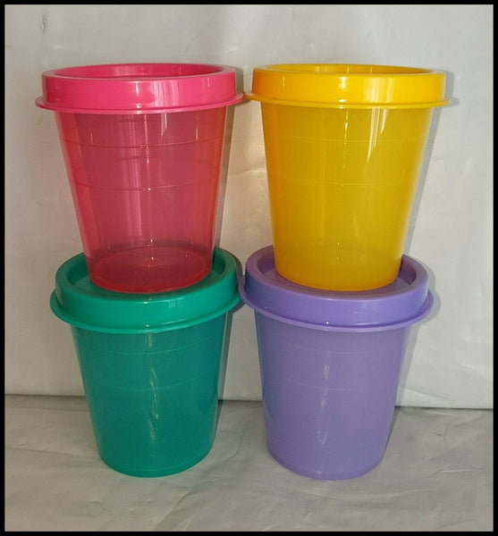 TUPPERWARE 5 TUPPER MINI 2-oz MIDGETS SALSA w/ PARROT TEAL SEALS NEW - Plastic Glass and Wax ~ PGW
