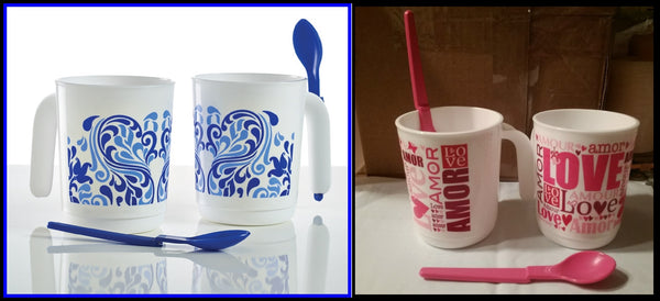 Tupperware S/2 AMORE LOVE THEME WHITE & PINK HOT & COLD MUGS w/ SPOONS NEW