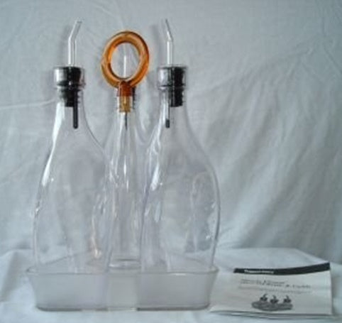 TUPPERWARE SHEERLY ELEGANT 3 OLIVE OIL BOTTLES w/ POUR SPOUTS & 1 ACRYLIC CADDY