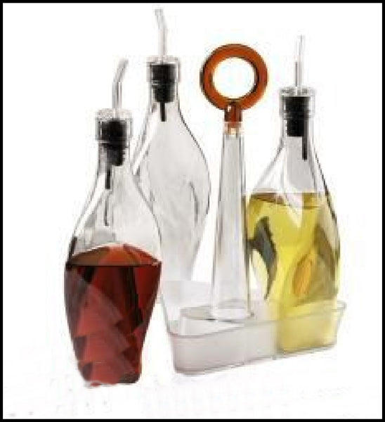 TUPPERWARE SHEERLY ELEGANT 3 OLIVE OIL BOTTLES w/ POUR SPOUTS & 1 ACRYLIC CADDY