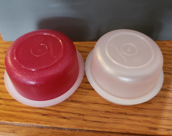 TUPPERWARE TUPPER MINI SMIDGET PILL KEEPER 1 SPARKLE RED 1 PEARLE PINK 1-OZ SMIDGETS w/ SEALS - Plastic Glass and Wax ~ PGW