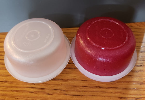 TUPPERWARE TUPPER MINI SMIDGET PILL KEEPER 1 SPARKLE RED 1 PEARLE PINK 1-OZ SMIDGETS w/ SEALS - Plastic Glass and Wax ~ PGW
