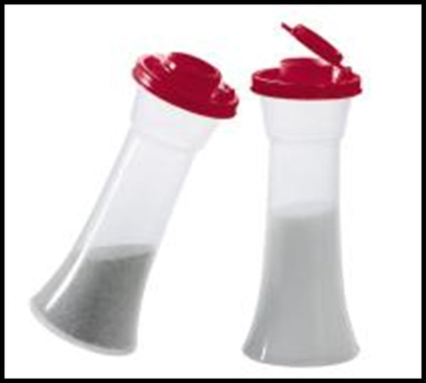 TUPPERWARE IMPRESSIONS TALL HOURGLASS SALT & PEPPER SHAKER SET SHEER w/ SEA GREEN SEALS - Plastic Glass and Wax ~ PGW