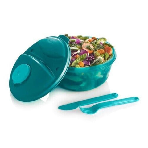 Tupperware 1 SALAD LUNCH ON THE GO AQUA UTENSILS & 2-oz MINI MIDGET CARIBBEAN SEA TEAL BOWL / SEAL