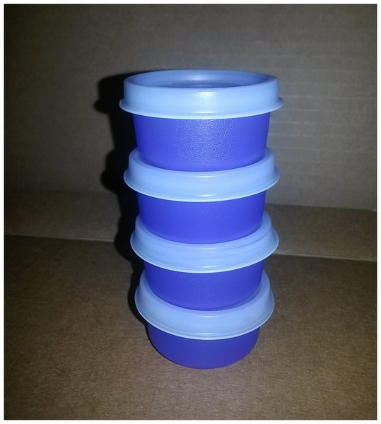 TUPPERWARE TUPPER MINI SMIDGET PILL KEEPER SET of FOUR 4 COLORED 1-OZ SMIDGETS w/ SEALS - Plastic Glass and Wax ~ PGW