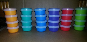 TUPPERWARE TUPPER MINI SMIDGET PILL KEEPER SET of FOUR 4 COLORED 1-OZ SMIDGETS w/ SEALS - Plastic Glass and Wax ~ PGW