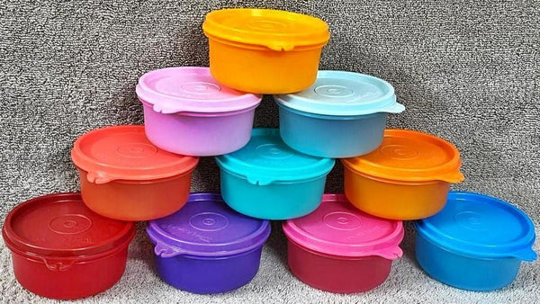 TUPPERWARE 2 Mini Serving Center Storage Container Snack Bowls Seals PURPLE DAISY (Copy) - Plastic Glass and Wax ~ PGW