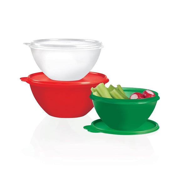 Tupperware 3 WONDERLIER NESTING BOWLS RED GREEN & SNOW WHITE w/ SEALS - Plastic Glass and Wax ~ PGW