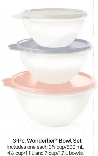 Tupperware 3 WONDERLIER NESTING BOWLS RED GREEN & SNOW WHITE w/ SEALS - Plastic Glass and Wax ~ PGW